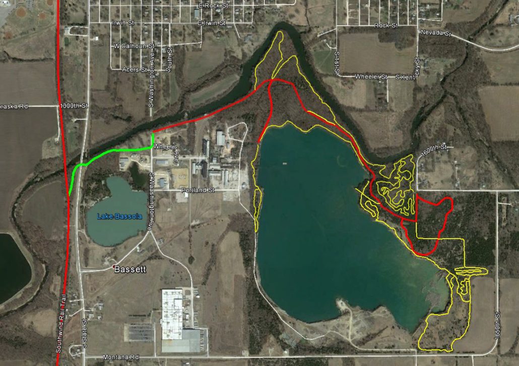 South Iola Trails overview map, showing gravel trails in red, singletrack trails in yellow, and Connector Trail in green.